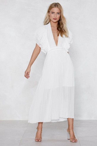 NASTY GAL Backstage Pleated Dress | white plunge front ruffle sleeve dresses