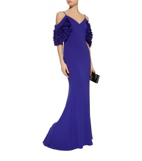 Badgley Mischka Petal Cold-Shoulder Sleeve Gown ~ elegant blue strappy event gowns - flipped