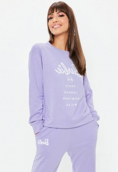 barbie x missguided lilac city printed sweatshirt – logo sweatshirts - flipped