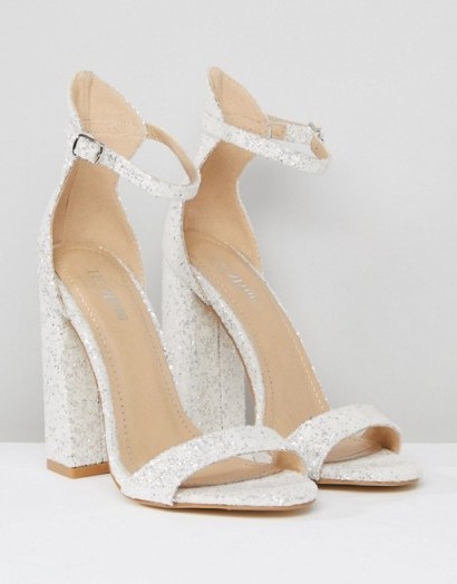 Be Mine Bridal Laurel White Glitter Block Heeled Sandals | glittering party heels - flipped