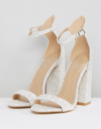 Be Mine Bridal Laurel White Glitter Block Heeled Sandals | glittering party heels