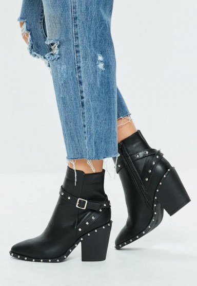 Missguided black faux leather western studded ankle boots – chunky heeled boots - flipped