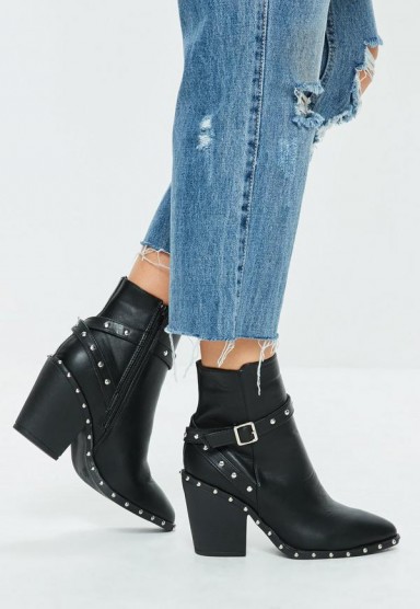 Missguided black faux leather western studded ankle boots – chunky heeled boots