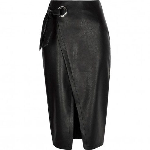 River Island Black faux leather wrap tie-up pencil skirt - flipped