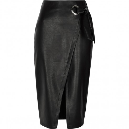 River Island Black faux leather wrap tie-up pencil skirt