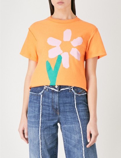 BLOUSE Slim Pickings cotton-jersey T-shirt / orange back print slogan tees - flipped