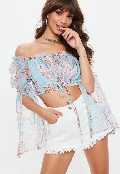 MISSGUIDED blue blossom print milkmaid crop top ~ peasant tops ~ summer style - flipped