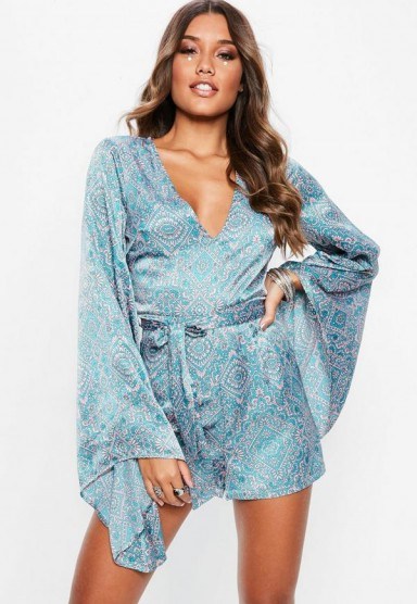 Missguided blue paisley floral flared sleeve satin playsuit | slinky plunge front palysuits - flipped