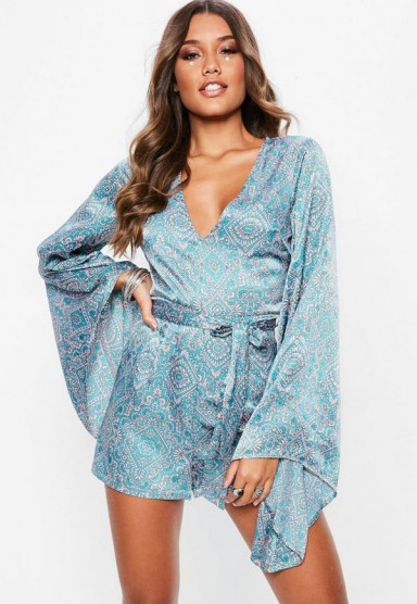 Missguided blue paisley floral flared sleeve satin playsuit | slinky plunge front palysuits