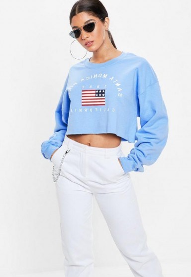 Missguided blue santa monica pier print cropped sweatshirt ~ sporty tops - flipped