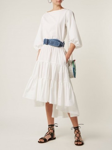 LOVE BINETTI Boat-neck cotton dress ~ white tiered vacation dresses - flipped