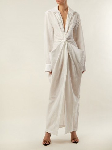 JACQUEMUS Bolso twisted-front linen and cotton-blend dress ~ long white vacation dresses - flipped