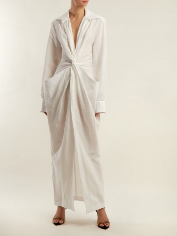 JACQUEMUS Bolso twisted-front linen and cotton-blend dress ~ long white vacation dresses