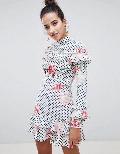 Boohoo Floral And Polka Dot High Neck Dress – romantic mixed print dresses - flipped