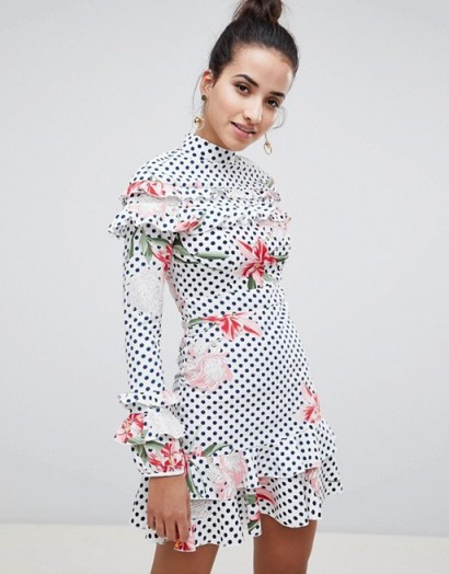 Boohoo Floral And Polka Dot High Neck Dress – romantic mixed print dresses