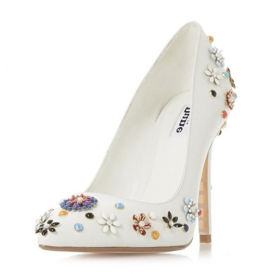 DUNE Booquet – White Floral Embellish High Court Heel | white embellished courts - flipped