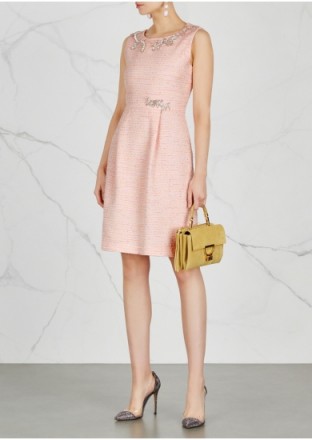 BOUTIQUE MOSCHINO Crystal-embellished tweed shift dress ~ pink sleeveless vintage style dresses ~ cut-out back