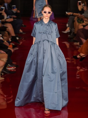 ROCHAS Bow-embellished duchess-satin gown ~ blue full skirt gowns ~ long luxe shirt dresses