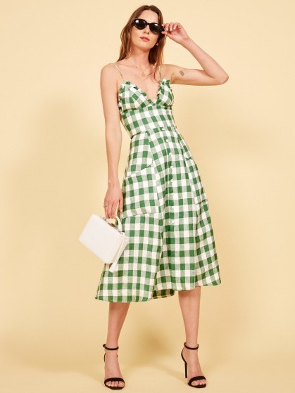Reformation Brienne Dress | green check plunge front dresses - flipped
