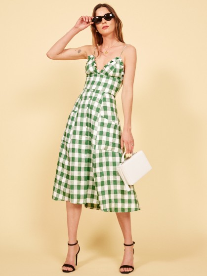 Reformation Brienne Dress | green check plunge front dresses