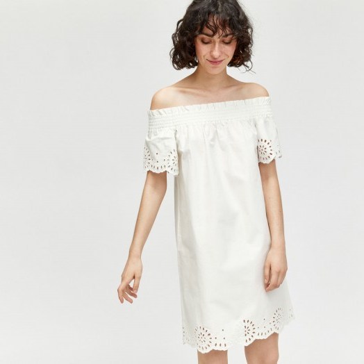 WAREHOUSE WHITE BRODERIE ANGLAIS RUCHED DRESS / cotton off the shoulder dresses - flipped