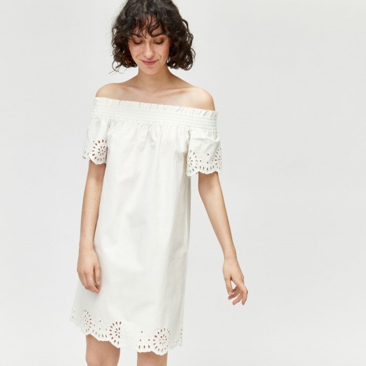 WAREHOUSE WHITE BRODERIE ANGLAIS RUCHED DRESS / cotton off the shoulder dresses