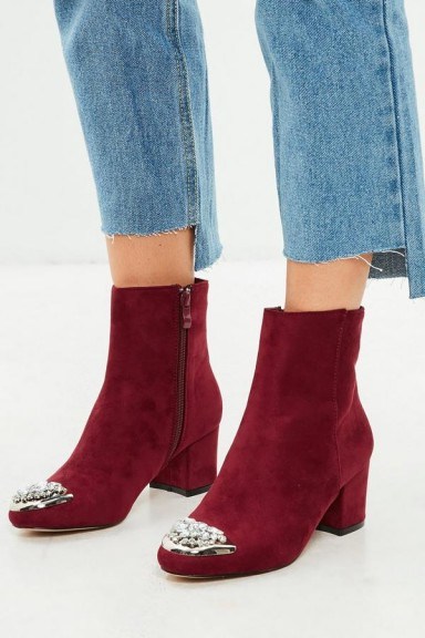 Missguided burgundy embellished toe ankle boots – dark red crystal boots - flipped