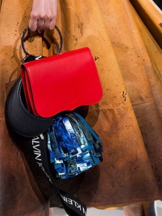 CALVIN KLEIN 205W39NYC LEATHER BAG W/ POUCH, POMPOM & LOGO BAND / designer handbags