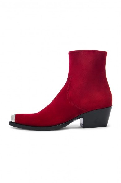 CALVIN KLEIN 205W39NYC Suede Tex Chiara Ankle Boots / red steel cap toe western style boot - flipped