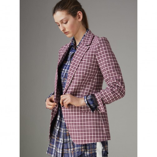 Burberry Check Cotton Tailored Jacket ~ smart burgundy checked jackets