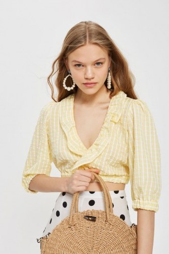 Topship Check Ruffle Crop Shirt | yellow cropped summer blouses - flipped