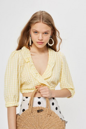 Topship Check Ruffle Crop Shirt | yellow cropped summer blouses