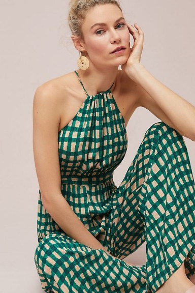 Plenty By Tracy Reese Checked Wide-Leg Jumpsuit | green check print halterneck jumpsuits - flipped