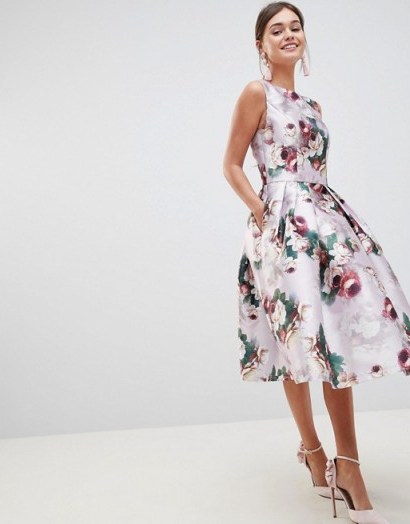 Chi Chi London Midi Dress in Floral Print ~ pink sleeveless fit and flare party dresses - flipped