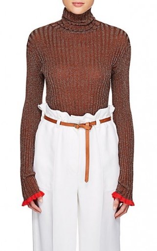 CHLOÉ Ruffled-Cuff Rib-Knit Silk-Blend Turtleneck Top ~ metallic thread knitwear - flipped