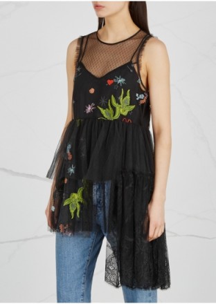 CINQ À SEPT Inky Julieanne embroidered tulle top ~ black tiered tops