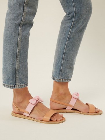 ANCIENT GREEK SANDALS Clio bow-embellished leather and denim sandals ~ tan & pink vacation flats - flipped