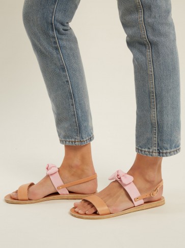 ANCIENT GREEK SANDALS Clio bow-embellished leather and denim sandals ~ tan & pink vacation flats