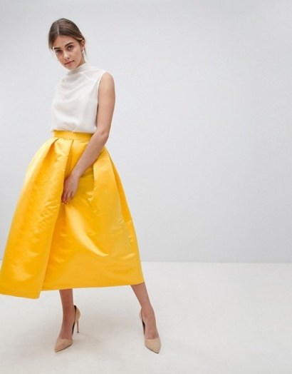 Closet London London Full Prom Sateen Midi Skirt | yellow box pleat skirts - flipped