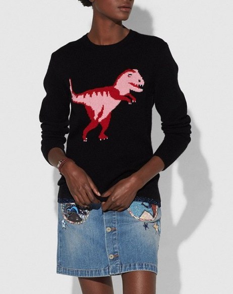 COACH 1941 Rexy Intarsia Sweater BLACK | pink dinosaur jumpers - flipped