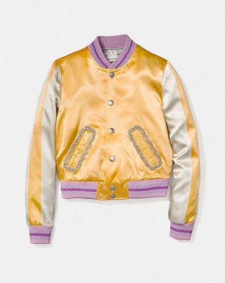 COACH Satin Varsity Jacket DIRTY GOLD | satin bomber jackets - flipped