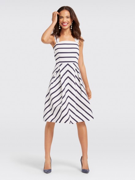Reese Witherspoon striped fit and flare, DRAPER JAMES Collection Stripe Wentworth Dress, on Instagram, 9 April 2018. Celebrity dresses | star style