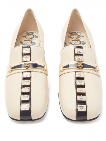 GUCCI Crystal-embellished ivory leather loafers - flipped