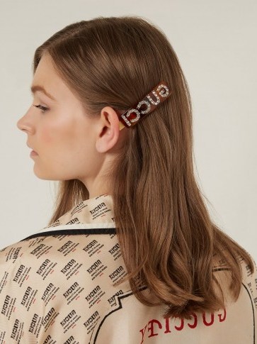 GUCCI Crystal-embellished logo hair clip / designer logo hair accessory - flipped