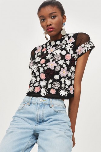 TOPSHOP 3D Cluster Embellished T-Shirt / semi sheer floral tee