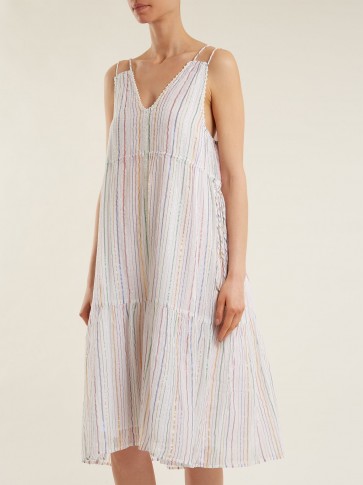 APIECE APART Daphne metallic-striped cotton-blend midi dress ~ double strap sundresses