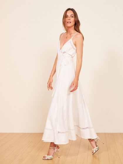 Reformation Daria Dress in White | long strappy plunge front summer dresses