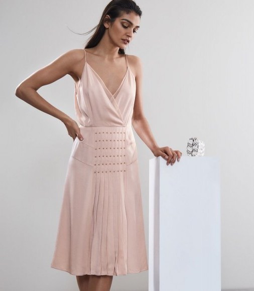 REISS DARIA EYELET DETAIL DRESS PINK / strappy pleated panel dresses - flipped