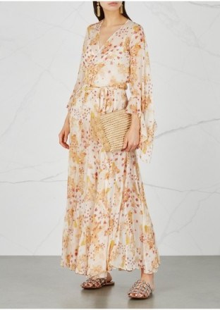 DE LA VALI Oswalda printed silk chiffon wrap dress in peach ~ long floaty draped cuff dresses - flipped