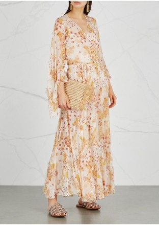 DE LA VALI Oswalda printed silk chiffon wrap dress in peach ~ long floaty draped cuff dresses